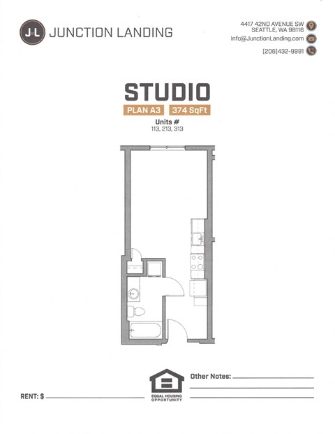 Floor plan for studio, 1 bath, 374 sqft